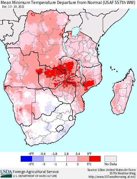 Southern Africa Mean Minimum Temperature Departure from Normal (USAF 557th WW) Thematic Map For 12/13/2021 - 12/19/2021