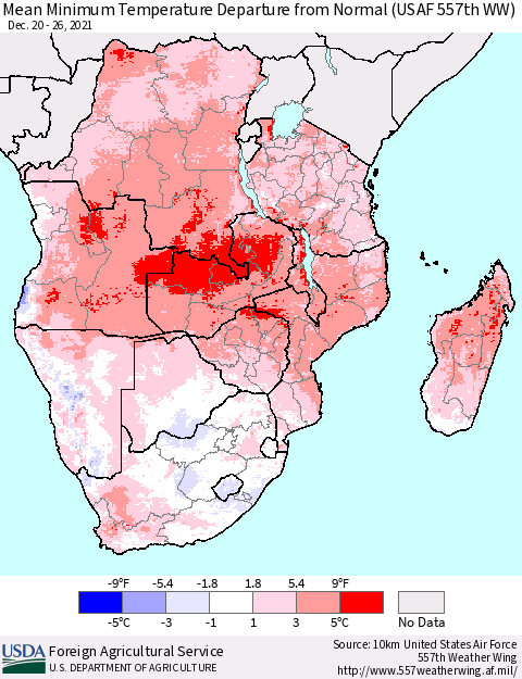 Southern Africa Mean Minimum Temperature Departure from Normal (USAF 557th WW) Thematic Map For 12/20/2021 - 12/26/2021