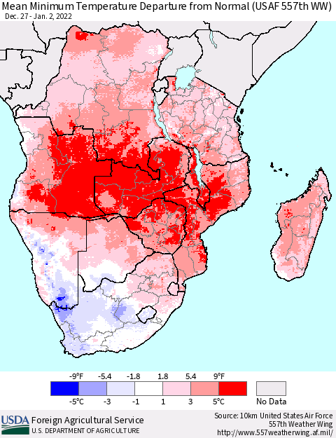 Southern Africa Mean Minimum Temperature Departure from Normal (USAF 557th WW) Thematic Map For 12/27/2021 - 1/2/2022