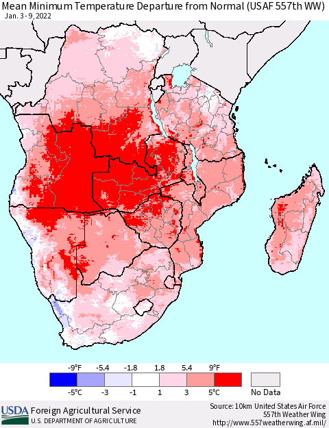 Southern Africa Mean Minimum Temperature Departure from Normal (USAF 557th WW) Thematic Map For 1/3/2022 - 1/9/2022