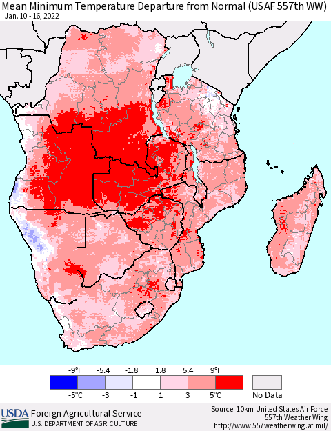 Southern Africa Mean Minimum Temperature Departure from Normal (USAF 557th WW) Thematic Map For 1/10/2022 - 1/16/2022