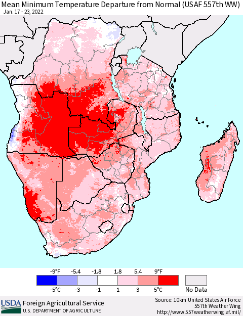 Southern Africa Mean Minimum Temperature Departure from Normal (USAF 557th WW) Thematic Map For 1/17/2022 - 1/23/2022