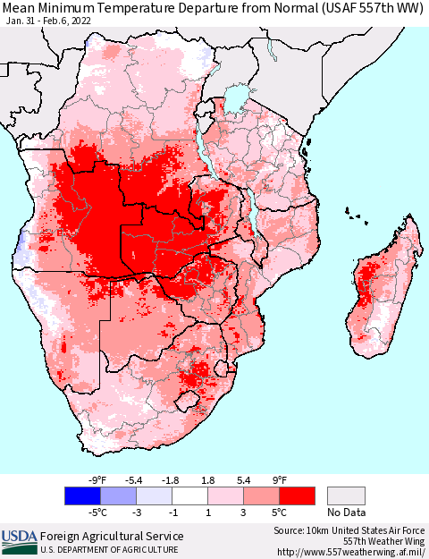 Southern Africa Mean Minimum Temperature Departure from Normal (USAF 557th WW) Thematic Map For 1/31/2022 - 2/6/2022