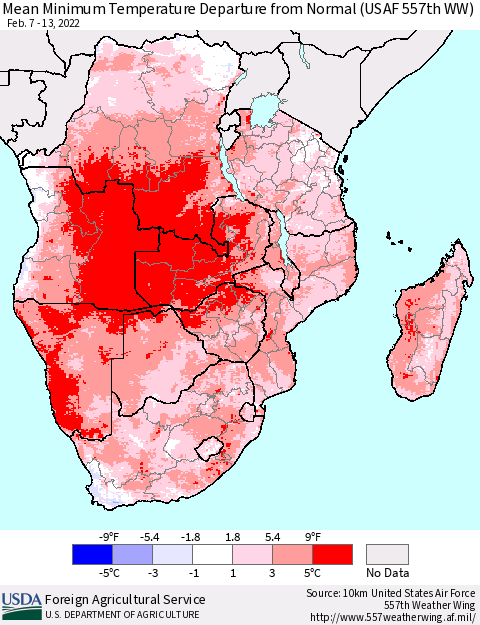 Southern Africa Mean Minimum Temperature Departure from Normal (USAF 557th WW) Thematic Map For 2/7/2022 - 2/13/2022