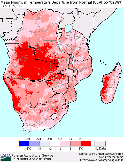 Southern Africa Mean Minimum Temperature Departure from Normal (USAF 557th WW) Thematic Map For 2/14/2022 - 2/20/2022