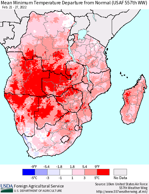 Southern Africa Mean Minimum Temperature Departure from Normal (USAF 557th WW) Thematic Map For 2/21/2022 - 2/27/2022