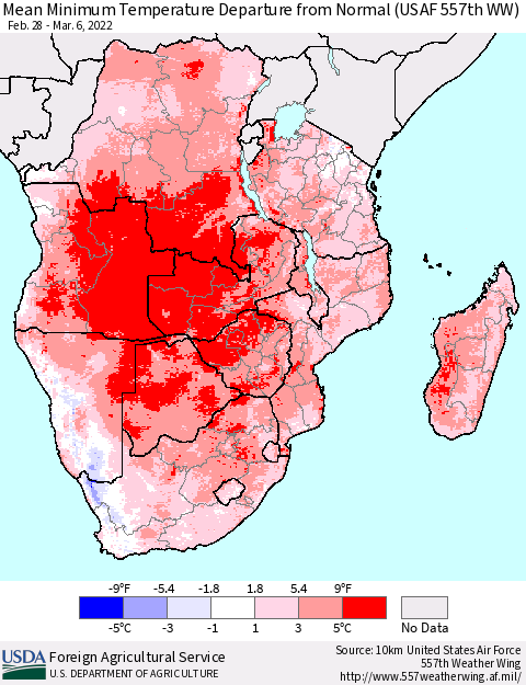 Southern Africa Mean Minimum Temperature Departure from Normal (USAF 557th WW) Thematic Map For 2/28/2022 - 3/6/2022