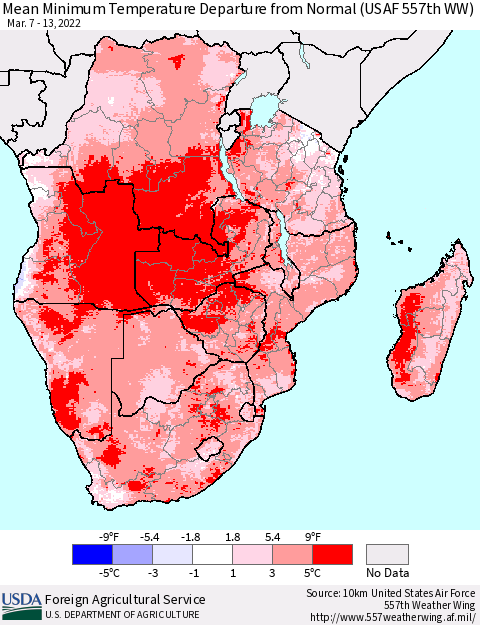 Southern Africa Mean Minimum Temperature Departure from Normal (USAF 557th WW) Thematic Map For 3/7/2022 - 3/13/2022