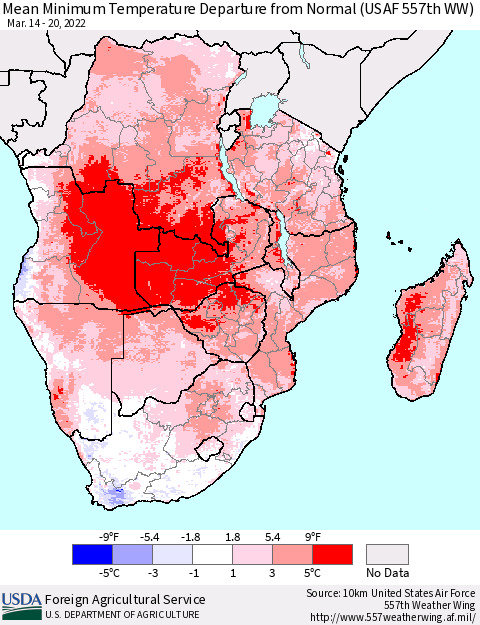 Southern Africa Mean Minimum Temperature Departure from Normal (USAF 557th WW) Thematic Map For 3/14/2022 - 3/20/2022