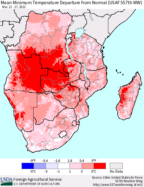 Southern Africa Mean Minimum Temperature Departure from Normal (USAF 557th WW) Thematic Map For 3/21/2022 - 3/27/2022