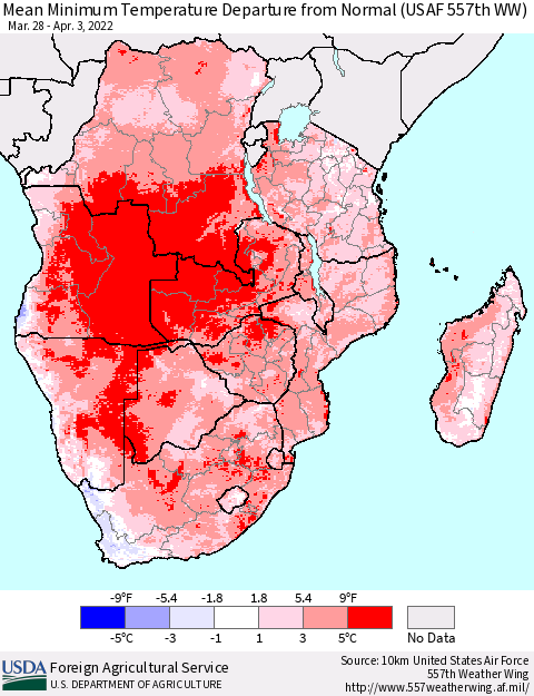 Southern Africa Mean Minimum Temperature Departure from Normal (USAF 557th WW) Thematic Map For 3/28/2022 - 4/3/2022