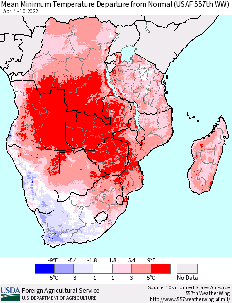 Southern Africa Mean Minimum Temperature Departure from Normal (USAF 557th WW) Thematic Map For 4/4/2022 - 4/10/2022