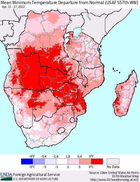 Southern Africa Mean Minimum Temperature Departure from Normal (USAF 557th WW) Thematic Map For 4/11/2022 - 4/17/2022