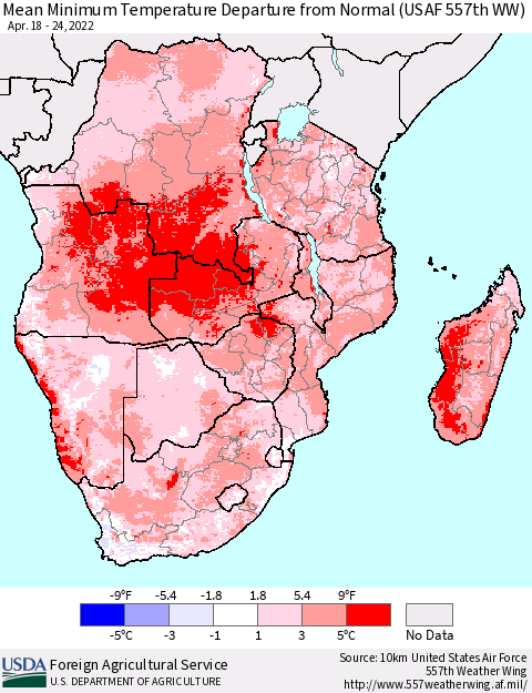 Southern Africa Mean Minimum Temperature Departure from Normal (USAF 557th WW) Thematic Map For 4/18/2022 - 4/24/2022
