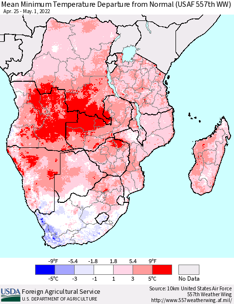 Southern Africa Mean Minimum Temperature Departure from Normal (USAF 557th WW) Thematic Map For 4/25/2022 - 5/1/2022