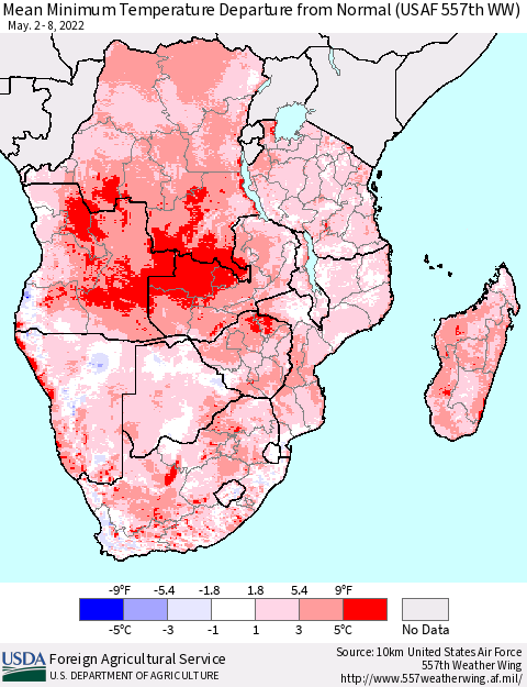 Southern Africa Mean Minimum Temperature Departure from Normal (USAF 557th WW) Thematic Map For 5/2/2022 - 5/8/2022