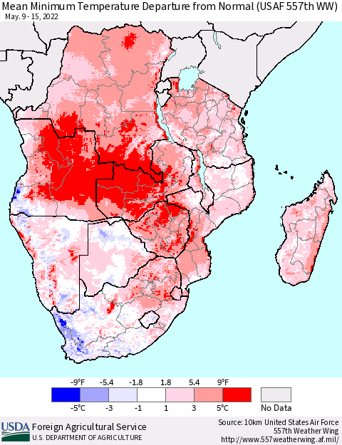 Southern Africa Mean Minimum Temperature Departure from Normal (USAF 557th WW) Thematic Map For 5/9/2022 - 5/15/2022