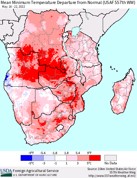 Southern Africa Mean Minimum Temperature Departure from Normal (USAF 557th WW) Thematic Map For 5/16/2022 - 5/22/2022