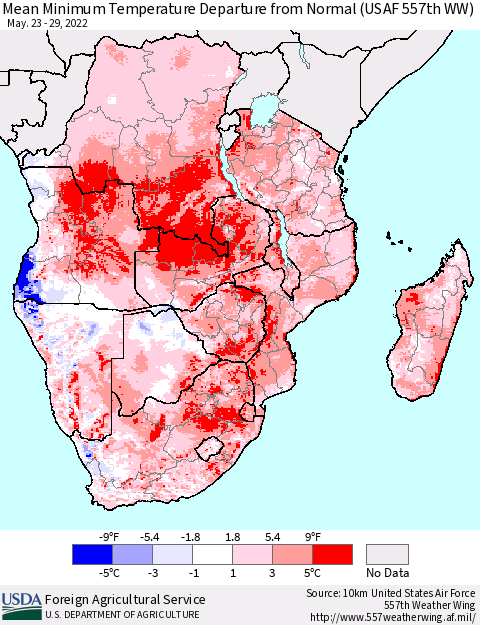 Southern Africa Mean Minimum Temperature Departure from Normal (USAF 557th WW) Thematic Map For 5/23/2022 - 5/29/2022