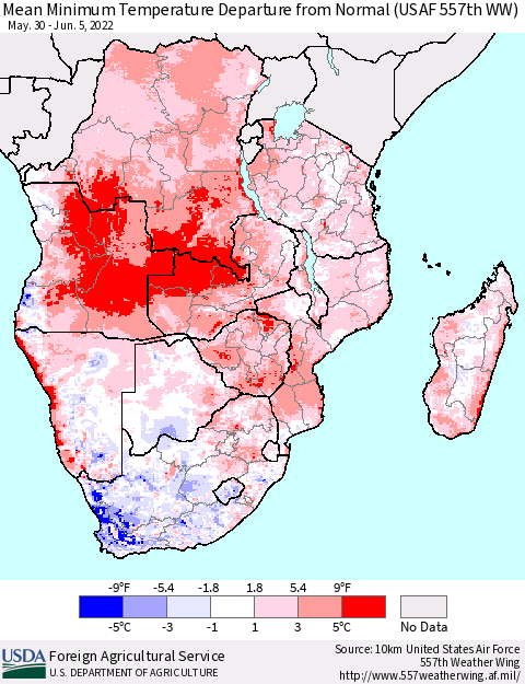 Southern Africa Mean Minimum Temperature Departure from Normal (USAF 557th WW) Thematic Map For 5/30/2022 - 6/5/2022