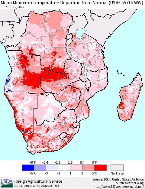 Southern Africa Mean Minimum Temperature Departure from Normal (USAF 557th WW) Thematic Map For 6/6/2022 - 6/12/2022