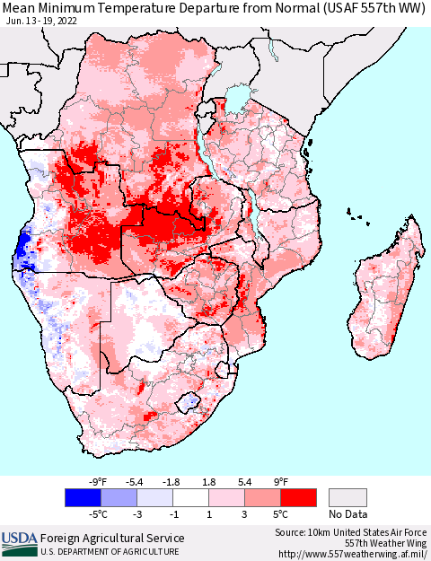 Southern Africa Mean Minimum Temperature Departure from Normal (USAF 557th WW) Thematic Map For 6/13/2022 - 6/19/2022