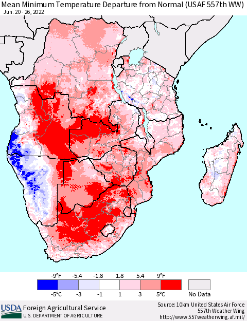 Southern Africa Mean Minimum Temperature Departure from Normal (USAF 557th WW) Thematic Map For 6/20/2022 - 6/26/2022