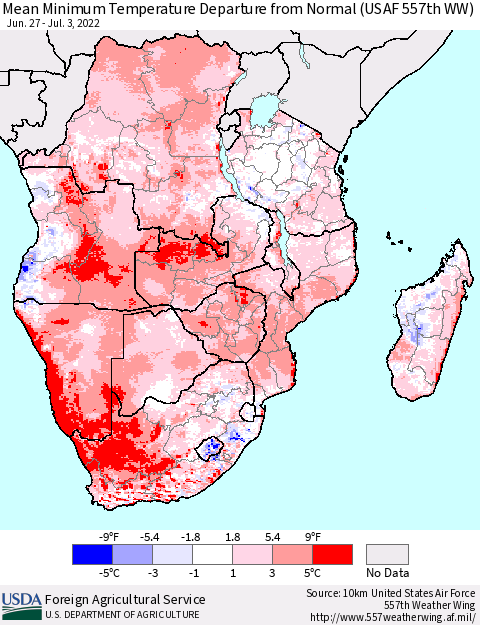 Southern Africa Mean Minimum Temperature Departure from Normal (USAF 557th WW) Thematic Map For 6/27/2022 - 7/3/2022
