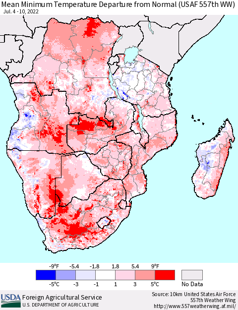 Southern Africa Mean Minimum Temperature Departure from Normal (USAF 557th WW) Thematic Map For 7/4/2022 - 7/10/2022