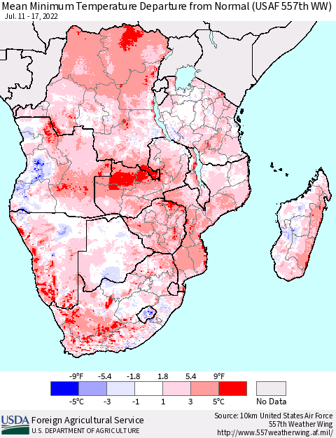 Southern Africa Mean Minimum Temperature Departure from Normal (USAF 557th WW) Thematic Map For 7/11/2022 - 7/17/2022