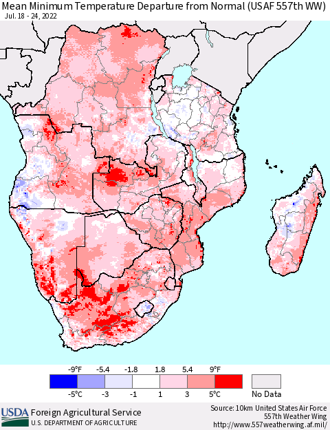 Southern Africa Mean Minimum Temperature Departure from Normal (USAF 557th WW) Thematic Map For 7/18/2022 - 7/24/2022