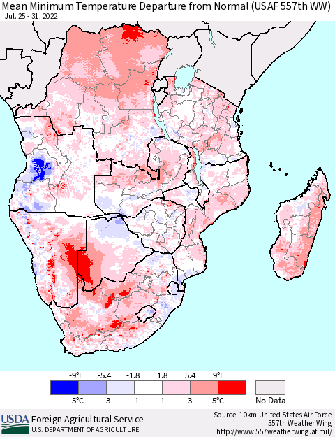 Southern Africa Mean Minimum Temperature Departure from Normal (USAF 557th WW) Thematic Map For 7/25/2022 - 7/31/2022