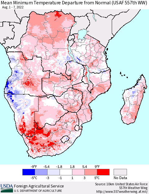 Southern Africa Mean Minimum Temperature Departure from Normal (USAF 557th WW) Thematic Map For 8/1/2022 - 8/7/2022