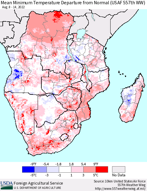 Southern Africa Mean Minimum Temperature Departure from Normal (USAF 557th WW) Thematic Map For 8/8/2022 - 8/14/2022