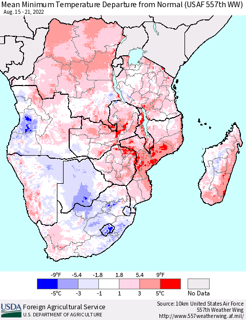 Southern Africa Mean Minimum Temperature Departure from Normal (USAF 557th WW) Thematic Map For 8/15/2022 - 8/21/2022