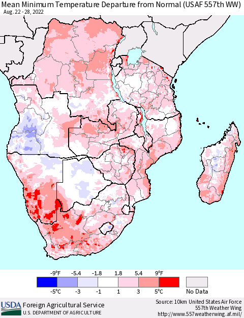Southern Africa Mean Minimum Temperature Departure from Normal (USAF 557th WW) Thematic Map For 8/22/2022 - 8/28/2022