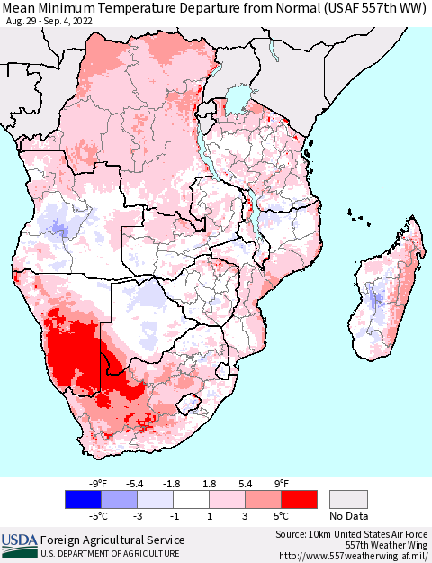 Southern Africa Mean Minimum Temperature Departure from Normal (USAF 557th WW) Thematic Map For 8/29/2022 - 9/4/2022