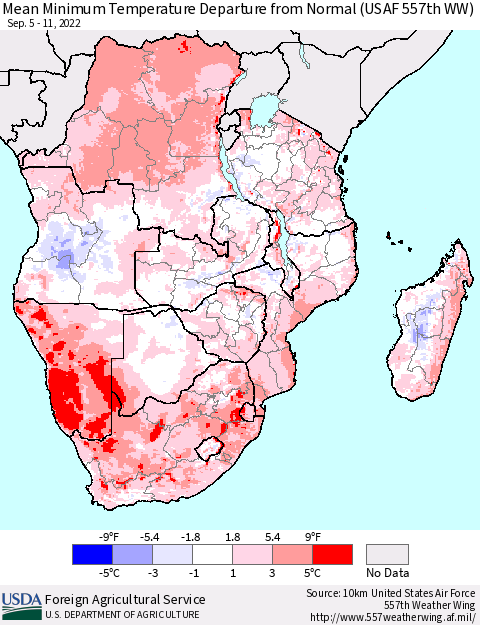 Southern Africa Mean Minimum Temperature Departure from Normal (USAF 557th WW) Thematic Map For 9/5/2022 - 9/11/2022