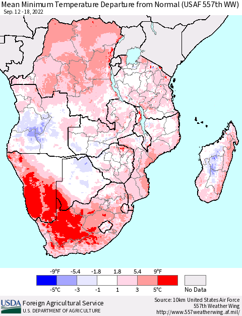 Southern Africa Mean Minimum Temperature Departure from Normal (USAF 557th WW) Thematic Map For 9/12/2022 - 9/18/2022
