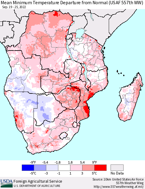 Southern Africa Mean Minimum Temperature Departure from Normal (USAF 557th WW) Thematic Map For 9/19/2022 - 9/25/2022