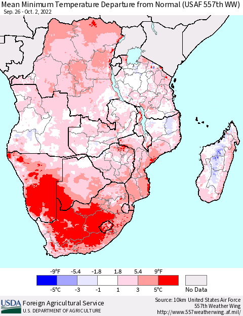 Southern Africa Mean Minimum Temperature Departure from Normal (USAF 557th WW) Thematic Map For 9/26/2022 - 10/2/2022