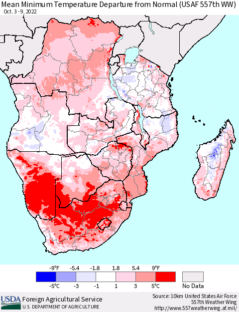 Southern Africa Mean Minimum Temperature Departure from Normal (USAF 557th WW) Thematic Map For 10/3/2022 - 10/9/2022