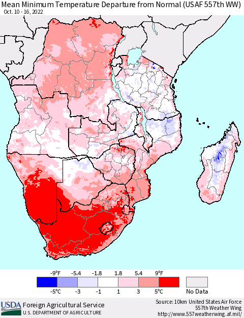 Southern Africa Mean Minimum Temperature Departure from Normal (USAF 557th WW) Thematic Map For 10/10/2022 - 10/16/2022