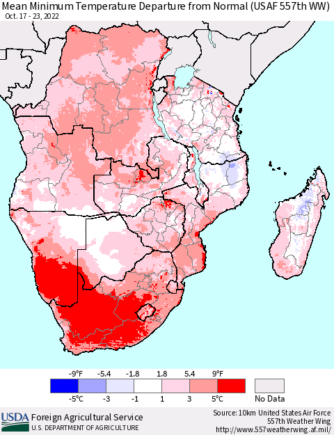 Southern Africa Mean Minimum Temperature Departure from Normal (USAF 557th WW) Thematic Map For 10/17/2022 - 10/23/2022