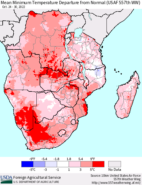 Southern Africa Mean Minimum Temperature Departure from Normal (USAF 557th WW) Thematic Map For 10/24/2022 - 10/30/2022
