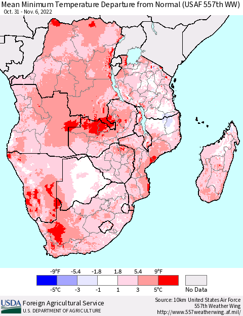 Southern Africa Mean Minimum Temperature Departure from Normal (USAF 557th WW) Thematic Map For 10/31/2022 - 11/6/2022