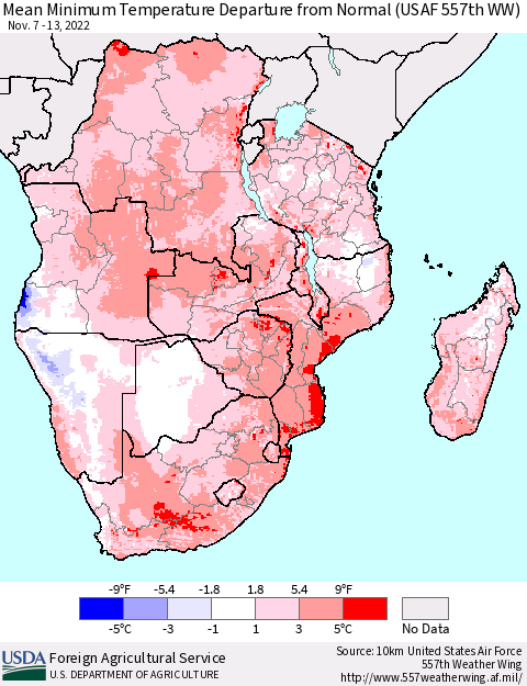 Southern Africa Mean Minimum Temperature Departure from Normal (USAF 557th WW) Thematic Map For 11/7/2022 - 11/13/2022