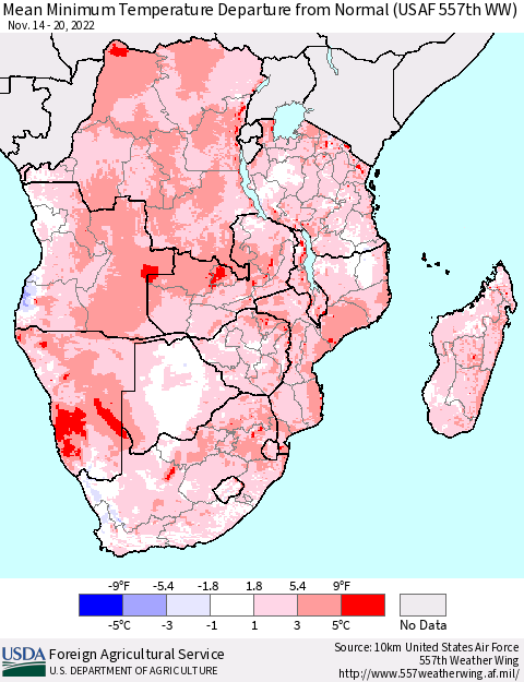 Southern Africa Mean Minimum Temperature Departure from Normal (USAF 557th WW) Thematic Map For 11/14/2022 - 11/20/2022