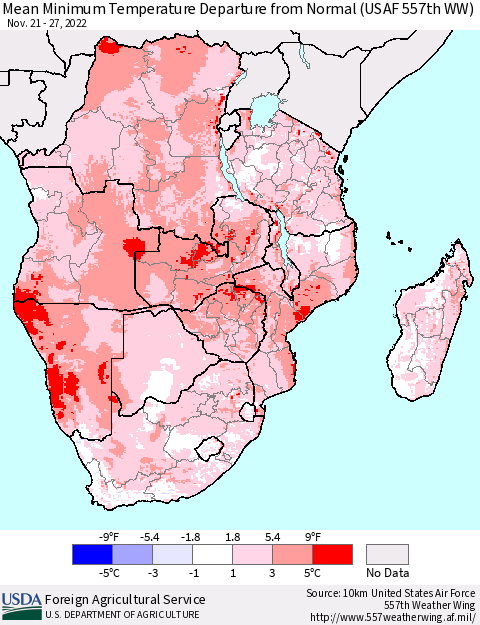 Southern Africa Mean Minimum Temperature Departure from Normal (USAF 557th WW) Thematic Map For 11/21/2022 - 11/27/2022