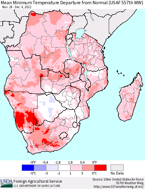 Southern Africa Mean Minimum Temperature Departure from Normal (USAF 557th WW) Thematic Map For 11/28/2022 - 12/4/2022